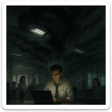 semi-realistic modern office setting with a man sitting at a desk under dark storm clouds swirling above his head; negative energy spreading like dark fog across the room affecting computers, lights, and coworkers' moods; coworkers showing tension and stress, some glancing with concern, others distancing themselves; symbolic lighting emphasizing emotional tension in the atmosphere sticker
