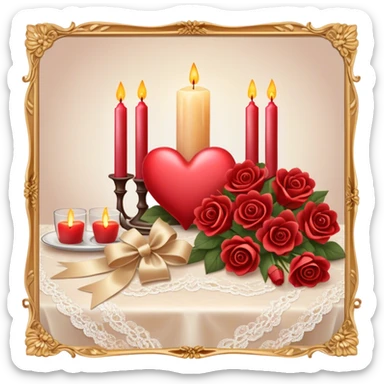 A luxurious evening setting featuring heart-shaped candles, a bouquet of warm-toned flowers, and a silk bow draped over a lace tablecloth.
 sticker