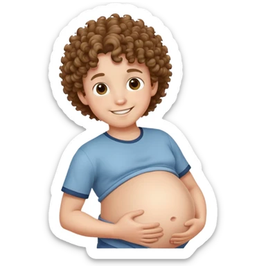 smiling boy with curly hair with a pregnant belly sticker