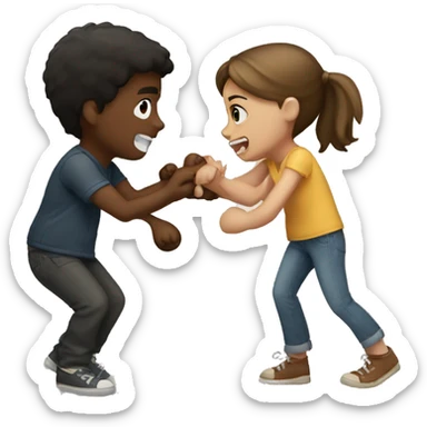 A Boy and girl fighting over a teddy bear sticker