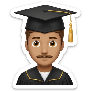 A young man with short brown hair, light brown skin, and a small mustache, wearing a black graduation cap with a gold tassel. sticker