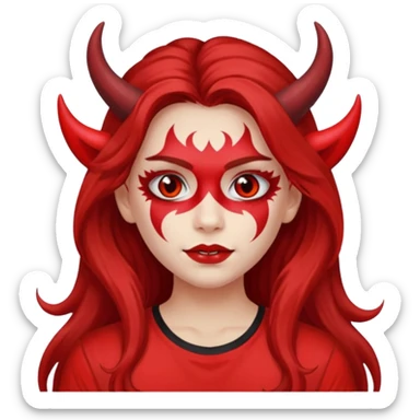 a long-haired red face paint devil girl with shirt sticker