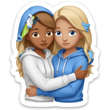two Girls, Brown and Blonde hair, with Blue Eyes hugging one has Brown hair cute Hug another Version  Both Blue eyes and white hoddies Brown haired blonde on sticker