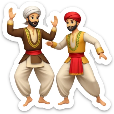 Cinematic Realistic Dabke Dance Emoji, depicted as an energetic traditional Lebanese folk dance with vibrant costumes and rhythmic movements, rendered with dynamic textures and festive natural lighting that captures its communal joy. sticker