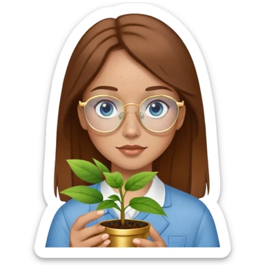 Girl with light skin, brown hair, blue eyes, freckles, and gold glasses holding plant sticker