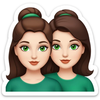 Happy curvy sisters, brunettes, green eyes, makeup sticker