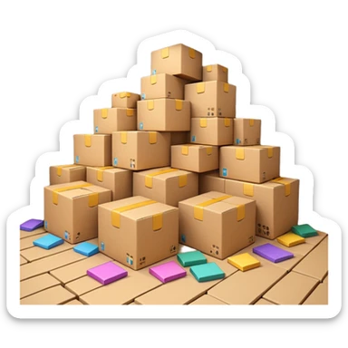 Generate a realistic emoji-style of a overfilled storage room where the packages dont have much space and everything seems chaotic and te packages are falling over sticker