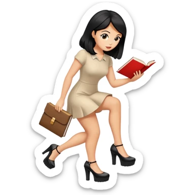 Bimbo walking, platform heels, mini dress, black hair tanned, hot, picking up book from ground, hot  sticker