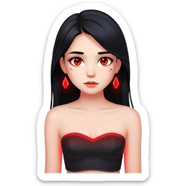 Girl with black hair with red underlights and frontlights hair. Long hair. Black strapless crop top. Very elegant. Skinny face with birthmark under left cheek. sticker