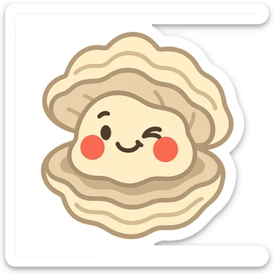 cute oyster with winking expression and very red cheeks, pastel toon style, cream and greige colors sticker