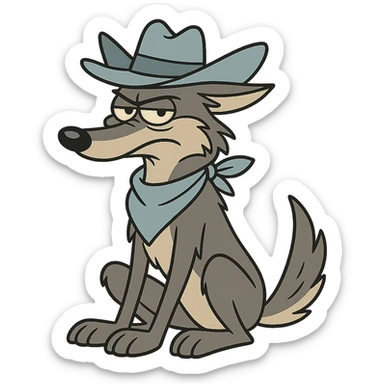 grey coyote, less anthropomorphic, light blue cowboy hat, light blue neckerchief, sitting, flat toon style sticker