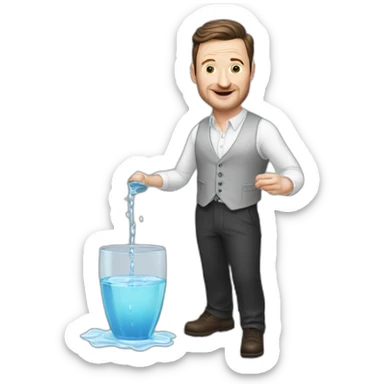 tim robinson dark black slicked back hair white long sleeve shirt with a light grey vest pouring water on a steak sticker