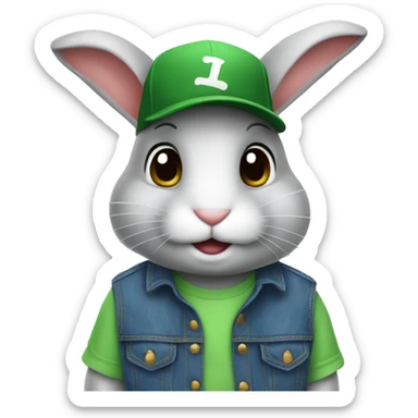 Rabbit wearing denim overall and green baseball cap sticker