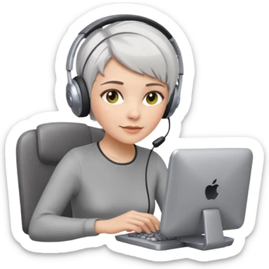 macbook pro white woman pixie haircut light grey hair hazel eyes playing computer games sticker
