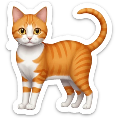 full body orange domestic shorthair slim cat with yellow/orange eyes paw being white and the other being half sticker