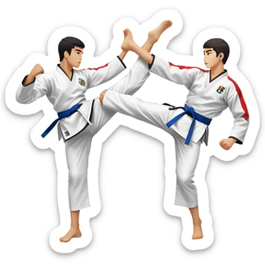 Two taekwondo fighters in a competition arena, one performing a high spinning kick towards the opponent’s head, while the other blocks with a precise guard. The background features a dynamic, bright arena with flags, emphasizing speed and agility in the martial art. Transparent background  sticker
