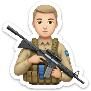 Ukrainian intelligance agency warrior man in platecarrier with nato riffle and ukrainian gerb sticker