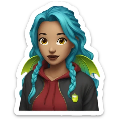 Lady with brunette and iridescent blue hair, gold, lime green dragon wings, maroon hoodie, 420, black and gold Nike t shirt, and bright red eyes sticker