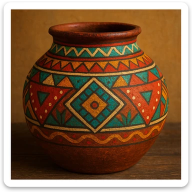 a traditional clay pot with painted geometric patterns, folk art style sticker