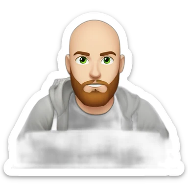 realistic cartoon, pirate look, 21 years old almost bald man with 1-day chestnut beard in front of a computer making video editing, green eyes, in the dark, looking serious sticker