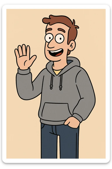 Pastel Yellow shirts Pacific Grey Hoodie dark blue jeans pockets a hand say hello sticker