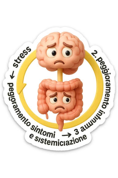 EMOJI STILE IPHONE 3D DI un cerchio con queste scritte che girano intorno in ordine per come li ho scritti "1. stress → 2. peggioramento intestinale → 3. aumento infiammazione → 4. peggioramento sintomi intestinali e sistemici." al centro del cerchio metti un cervello e intestino umani collegati verticalmente con espressione dubbiosa in volto, FALLO MOLTO REALISTICO IN 3D sticker