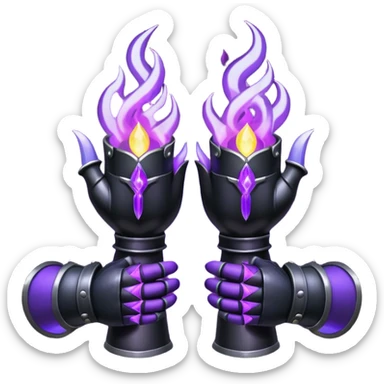A Discord emoji of a pair of black armored gauntlets holding a flickering violet flame. The hands are positioned as if offering a gift. Dark gothic fantasy, glowing magical effects, high contrast, 2D vector style, white background. sticker