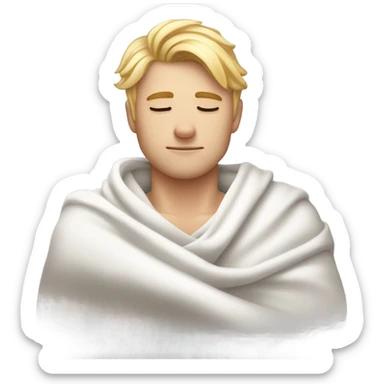 A handsome guy in his 20s with blond hair sleeps on his side with his eyes closed in a white T-shirt and a blanket sticker