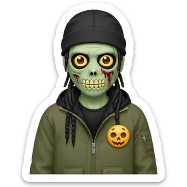 a zombie emoji with black dreads and a black carheartt jacket and black nike ski mask on his head sticker