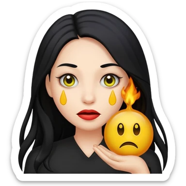 A woman with long black hair holding a toxic emoji sticker