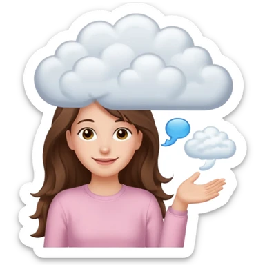 happy white long brunette hair girl with hazel eyes in light pink with white cloud thought bubble sticker