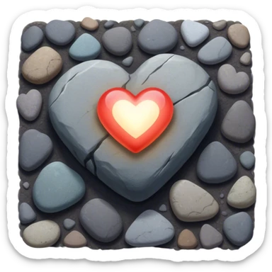 A glowing heart-shaped rock lying on a sidewalk, partially hidden among other stones. A hand is reaching toward it, as if discovering a sign meant just for them. —meaningful signs appearing when you open your mind to them. sticker