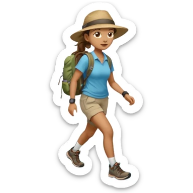 Create an emoji of a woman, hiking in shorts, trekking sneakers with a backpack and a wide broom hat and a brown ponytail sticker
