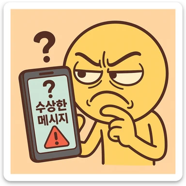 cartoon emoticon character with a suspicious expression, squinting at a smartphone, phone shows a message with Korean text '수상한 메시지' or '경고!', a big question mark, and a red exclamation mark, flat, bright, simple, pastel background, 360x360px, PNG sticker