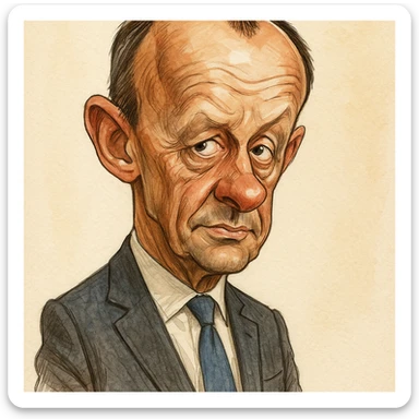 Friedrich Merz, German politician, in a suit, caricature style, exaggerated features sticker