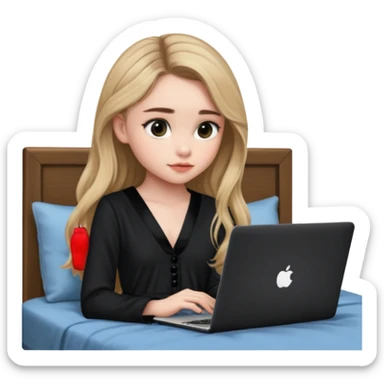 Sabrina carpenter in a black nightdress sitting on a bed with her laptop open  sticker