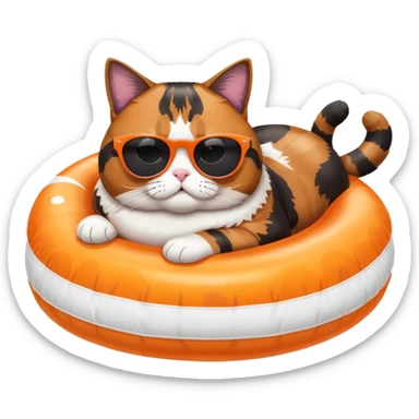 Fat calico cat with dark sunglasses lying on a pool floatie sticker