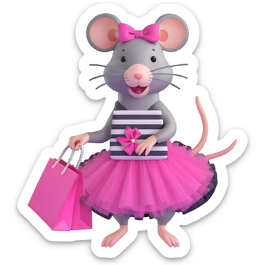 rat with a pink dress and tutu holding a black and white striped shopping bag sticker