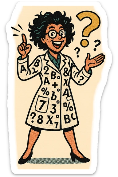 The full body of A happy crazy female scientist with numbers, question marks and letters printed all over their white coat sticker