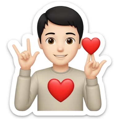 White boy with black hair holding up heart hand signal sticker