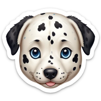 Cinematic Cute Spotted Dalmatian Portrait Emoji, Head tilted playfully and inquisitively, featuring a glossy Fur of predominantly white with dynamic black patches, round, sparkling blue eyes filled with gentle curiosity, Simplified yet irresistibly adorable features, highly detailed, glowing with a warm, friendly glow, high shine, affectionate and gentle, stylized with a touch of whimsy, bright and endearing, soft glowing outline, capturing the essence of a mischievous yet loving pup, so playful it feels like it could lumber out of the screen and into your arms! sticker