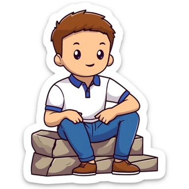 Young man with light skin and short brown hair sitting on stone steps, wearing white polo shirt with blue details and jeans sticker