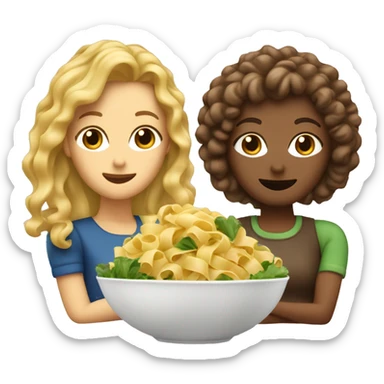 2 women, one with straight blonde hair and the other with brown curly hair. Pasta and salad in front of them sticker