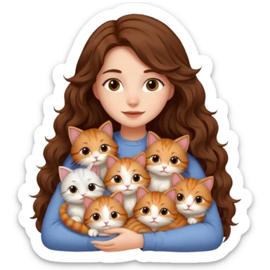 girl with long wavy brown hair cuddling with 6 cute cats sticker