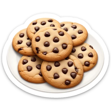 Cinematic Realistic Cookies Dessert Emoji, showcasing a plate of freshly baked cookies with gooey chocolate chips rendered with lifelike textures and warm, homey lighting. sticker