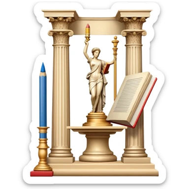 An icon featuring a paint palette, a sculpture, and a book, symbolizing the study of culture and art. The design includes a classical column and a canvas, representing art history and cultural exploration. Transparent background highlights the connection between creativity and history. sticker