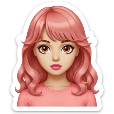 pretty woman, popular mean girl, light tan skin, big black eyes, long wavy auburn hair, bangs, pink top, coral lipstick sticker