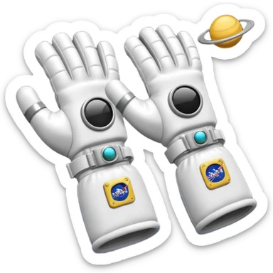 white pressurized astronaut gloves with metal wrist rings floating in space, 3D emoji style sticker