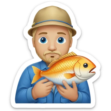 Pêcheur blond avec bouc  grassouillet yeux bleus et présentant poisson sticker