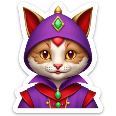 crazy colorful cute little cat jolly joker from poker, medieval, vintage, court jester, mac os icon, purple and red color, half body sticker